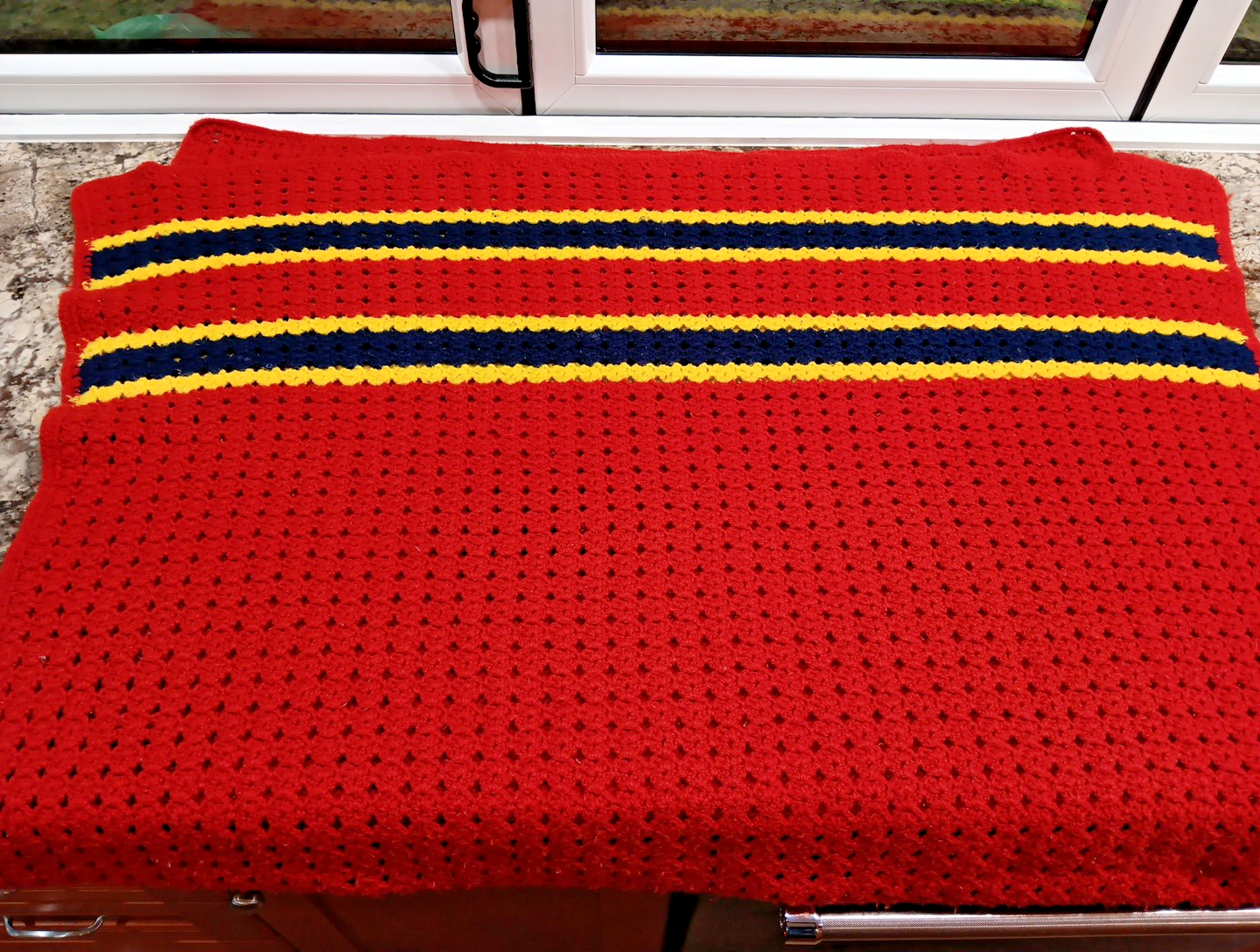 Vintage Red Blue Yellow Handmade Open Knit Crochet Afghan Throw Blanket 42 x 62