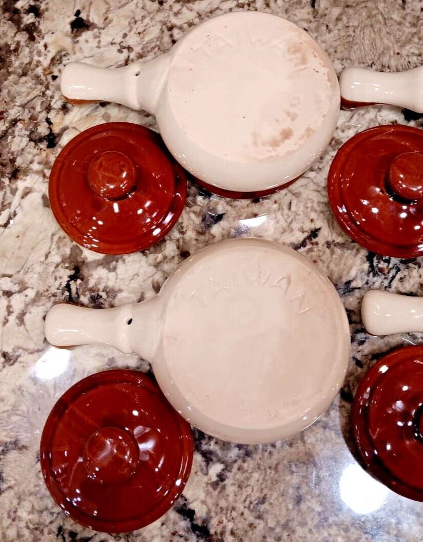Vintage Set Of 4 Ceramic Onion Soup Bowls With Lids And Handle, Made In Taiwan