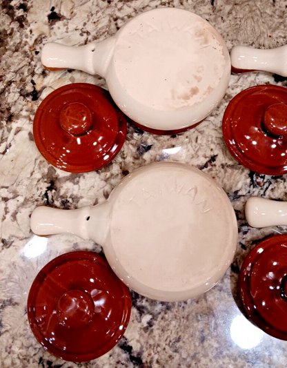 Vintage Set Of 4 Ceramic Onion Soup Bowls With Lids And Handle, Made In Taiwan