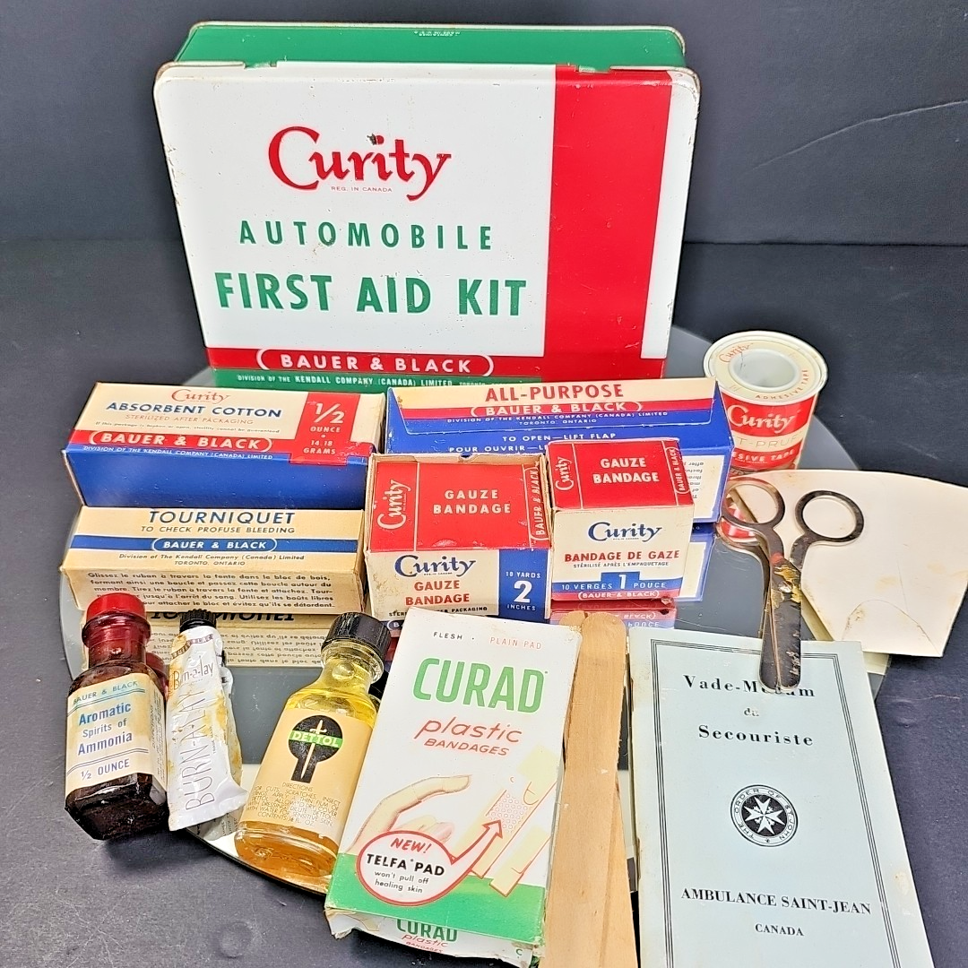 Vintage CURITY Automobile First Aid Kit Bauer & Black Near Completely Full WOW!