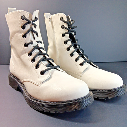 Size 7 Women's Time & TRU Lug Combat Boot, White, Lace + Zip Up Punk Goth CN
