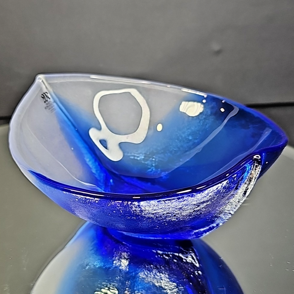 Mats Jonasson Hand Blown Glass Cobalt Blue White Dish Bowl Signed Nautical Ship
