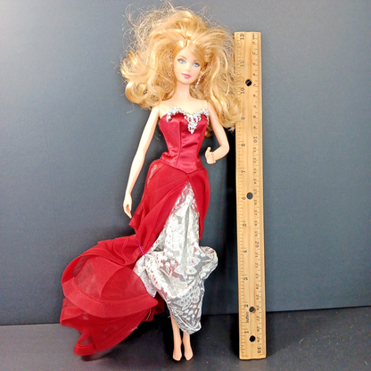 2015 HOLIDAY BARBIE Collector Blonde Doll Red Silver Dress - Mattel #CHR76 IN