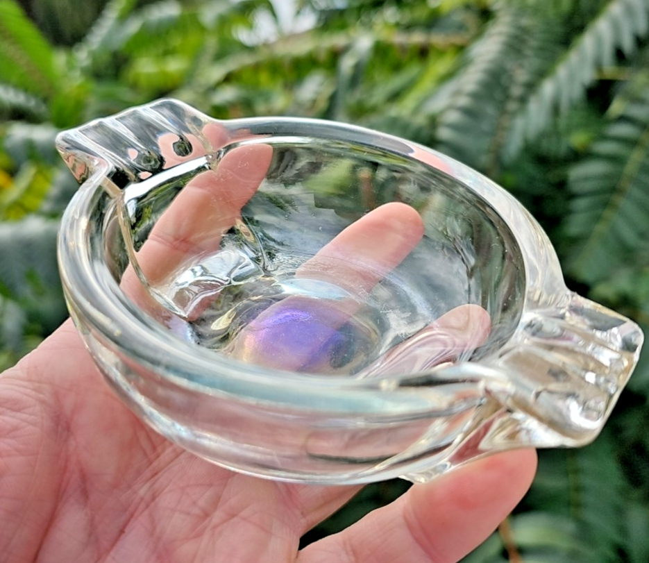 Vintage Art Deco Heavy Clear Glass 4" Round Cigarette Ashtray Mid Century