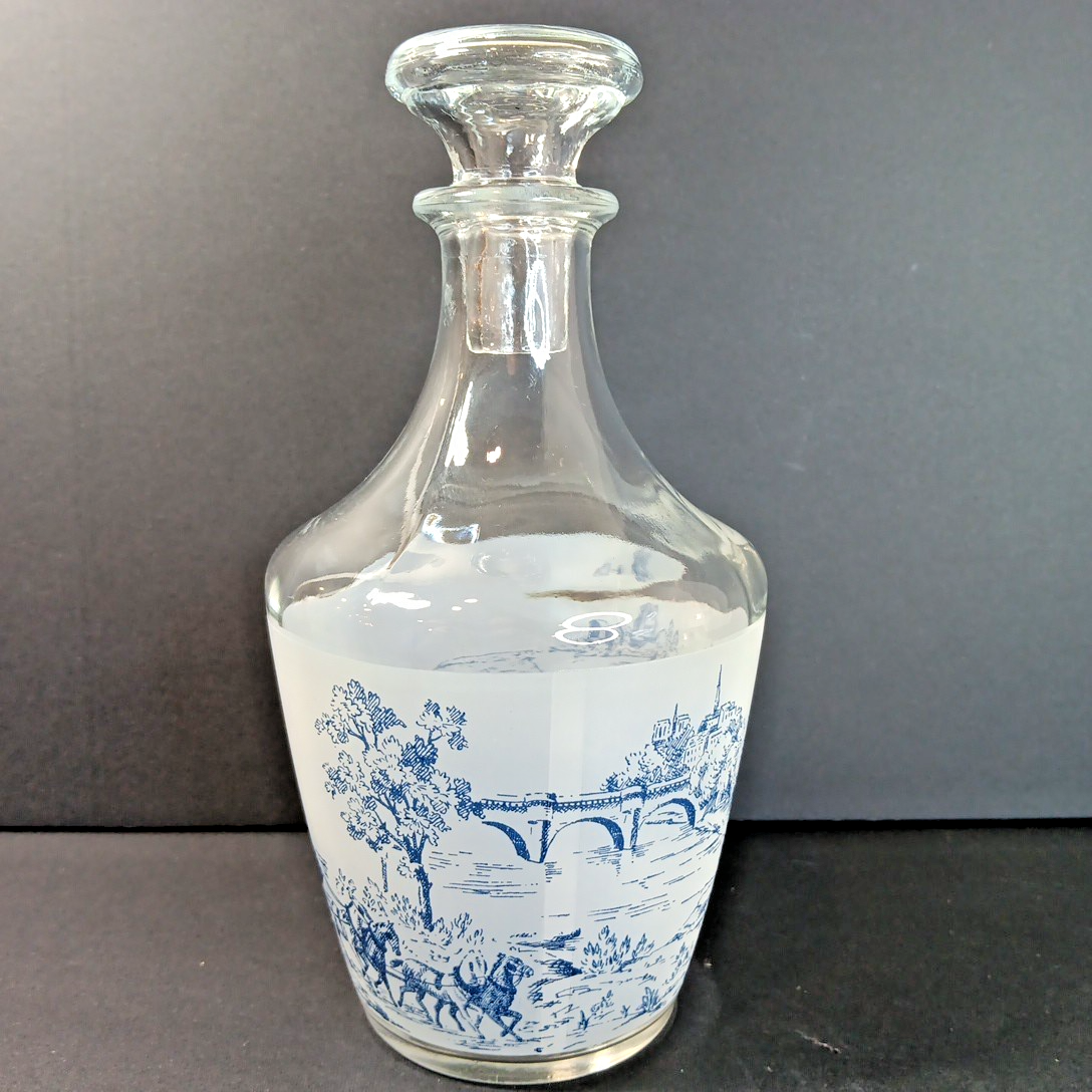 Vintage France Decanter w/ Stopper Stagecoach Boat Blue and White Frosted FRANCE