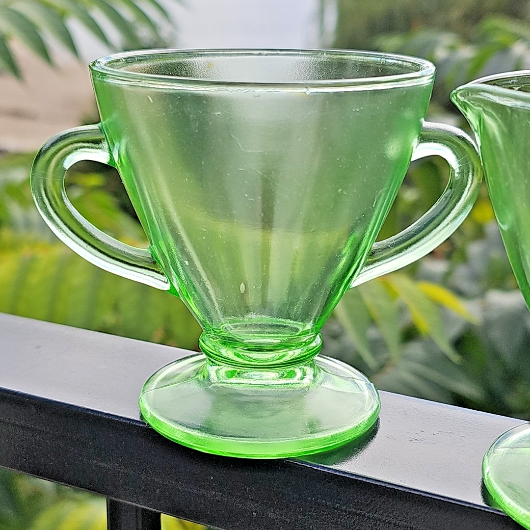 Uranium Glass Depression Glass Geiger UV Tested Sugar And Milk Cups Gorgeous!