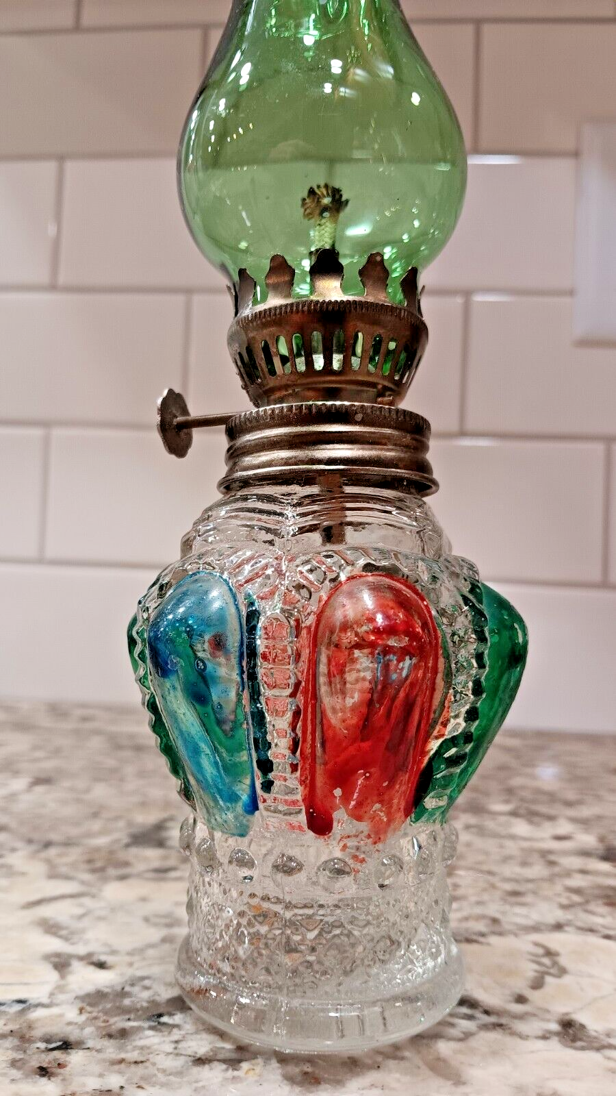 VINTAGE Miniature Green & Red Painted Glass Oil Lamp Lantern Made In Hong Kong