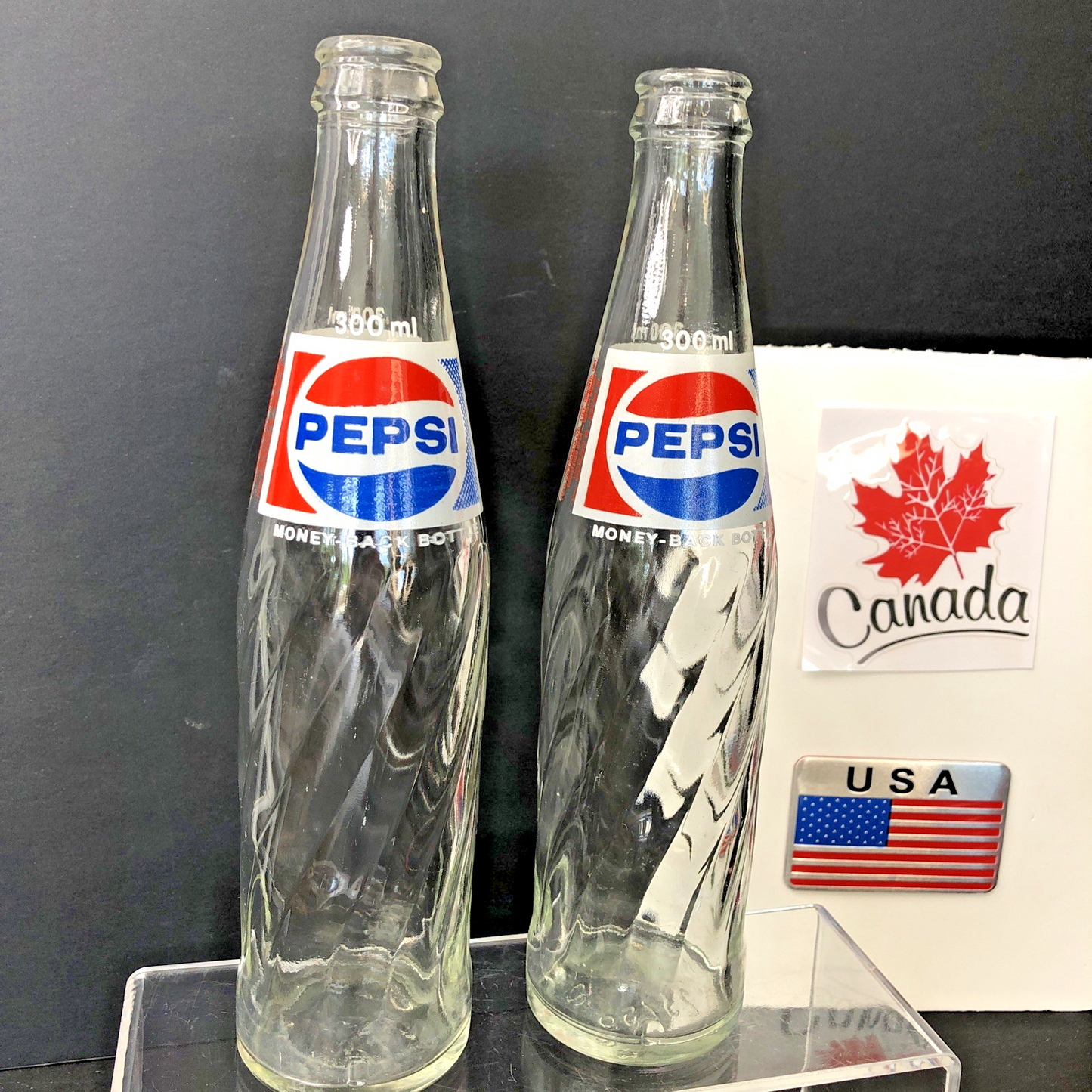 Vintage X2 Pepsi - Cola Glass Bottles 300ml  Money Back Swirl Pattern No Caps CA