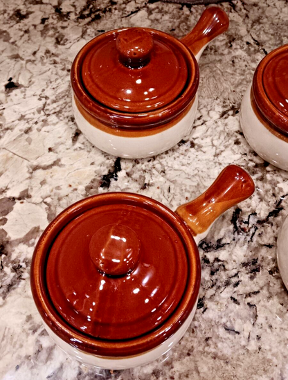 Vintage Set Of 4 Ceramic Onion Soup Bowls With Lids And Handle, Made In Taiwan