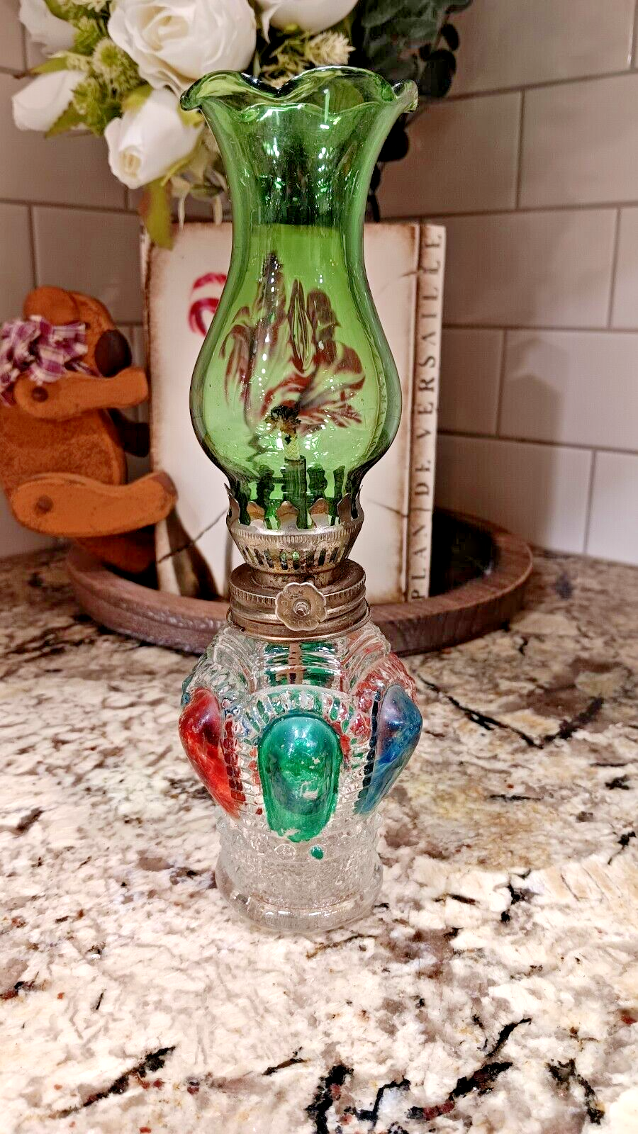 VINTAGE Miniature Green & Red Painted Glass Oil Lamp Lantern Made In Hong Kong