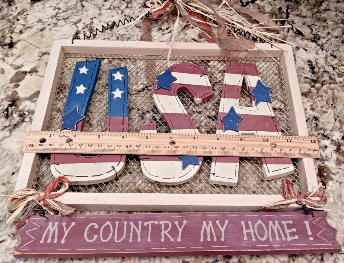 USA Folk Art Sign My Country Home Wooden Decor With Metal Spiral Hanger CN