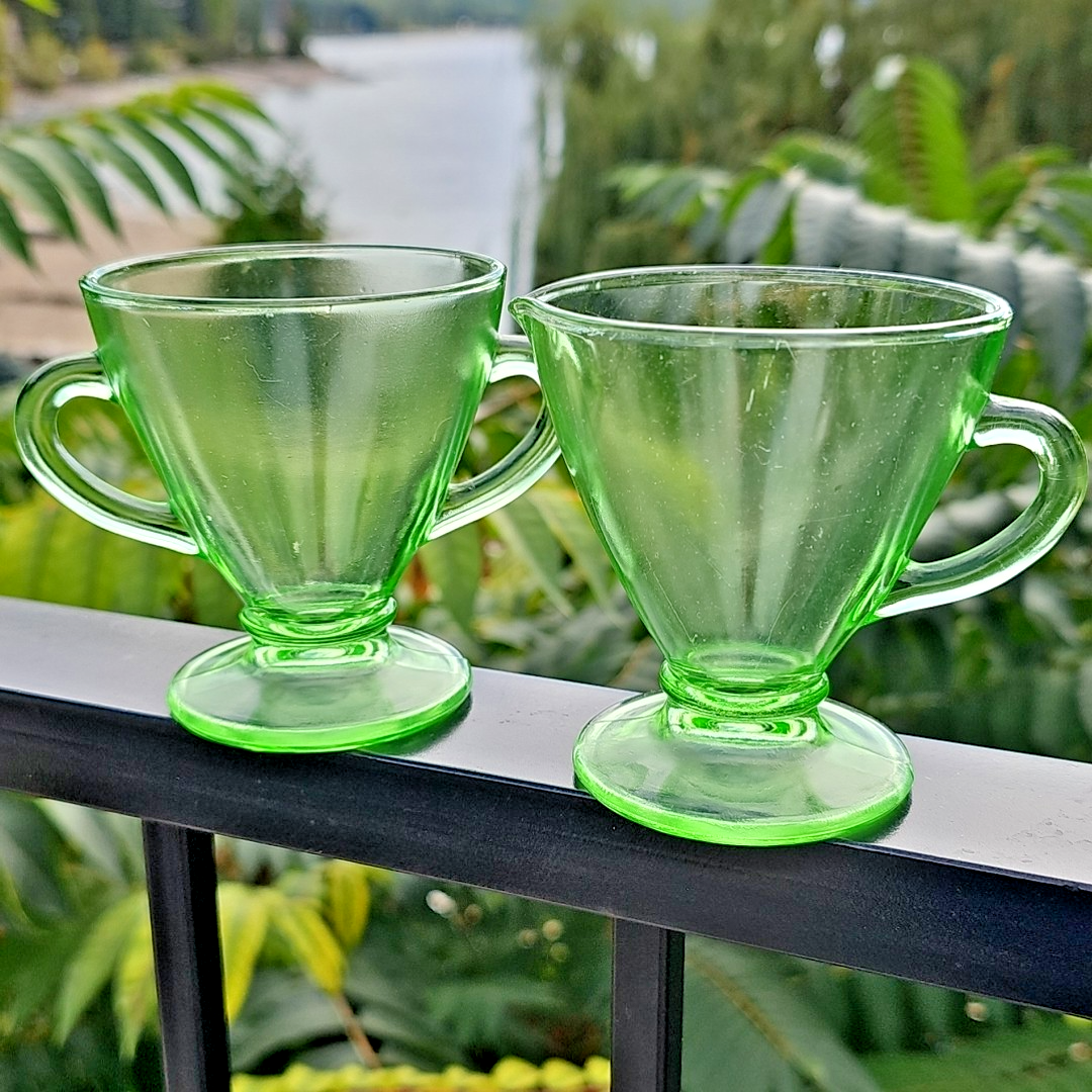 Uranium Glass Depression Glass Geiger UV Tested Sugar And Milk Cups Gorgeous!