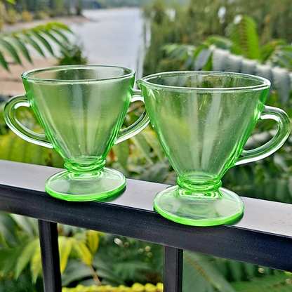 Uranium Glass Depression Glass Geiger UV Tested Sugar And Milk Cups Gorgeous!