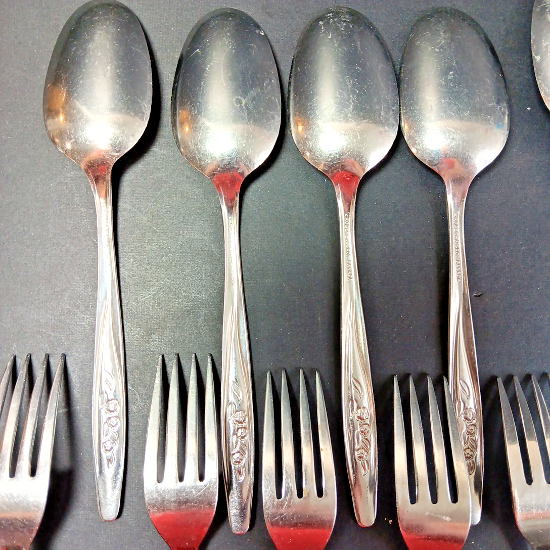 14x Rogers & Bro Radiant Rose RG36 Cutlery Knive Spoon Fork Stainless Canada