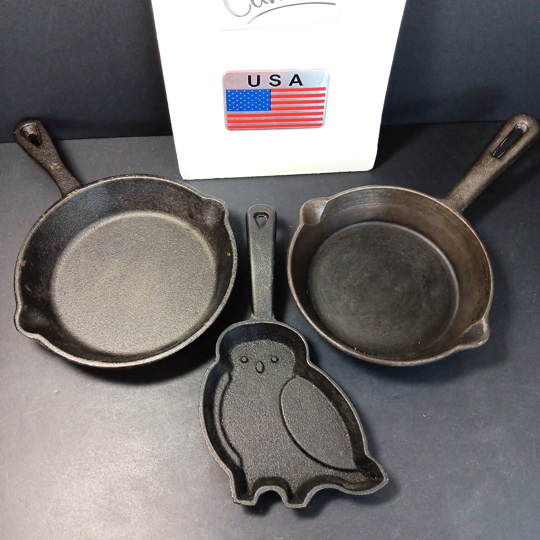 3 X Small Cast Iron Pans For Camping RV Travel Eggs Etc. Owl See Photos