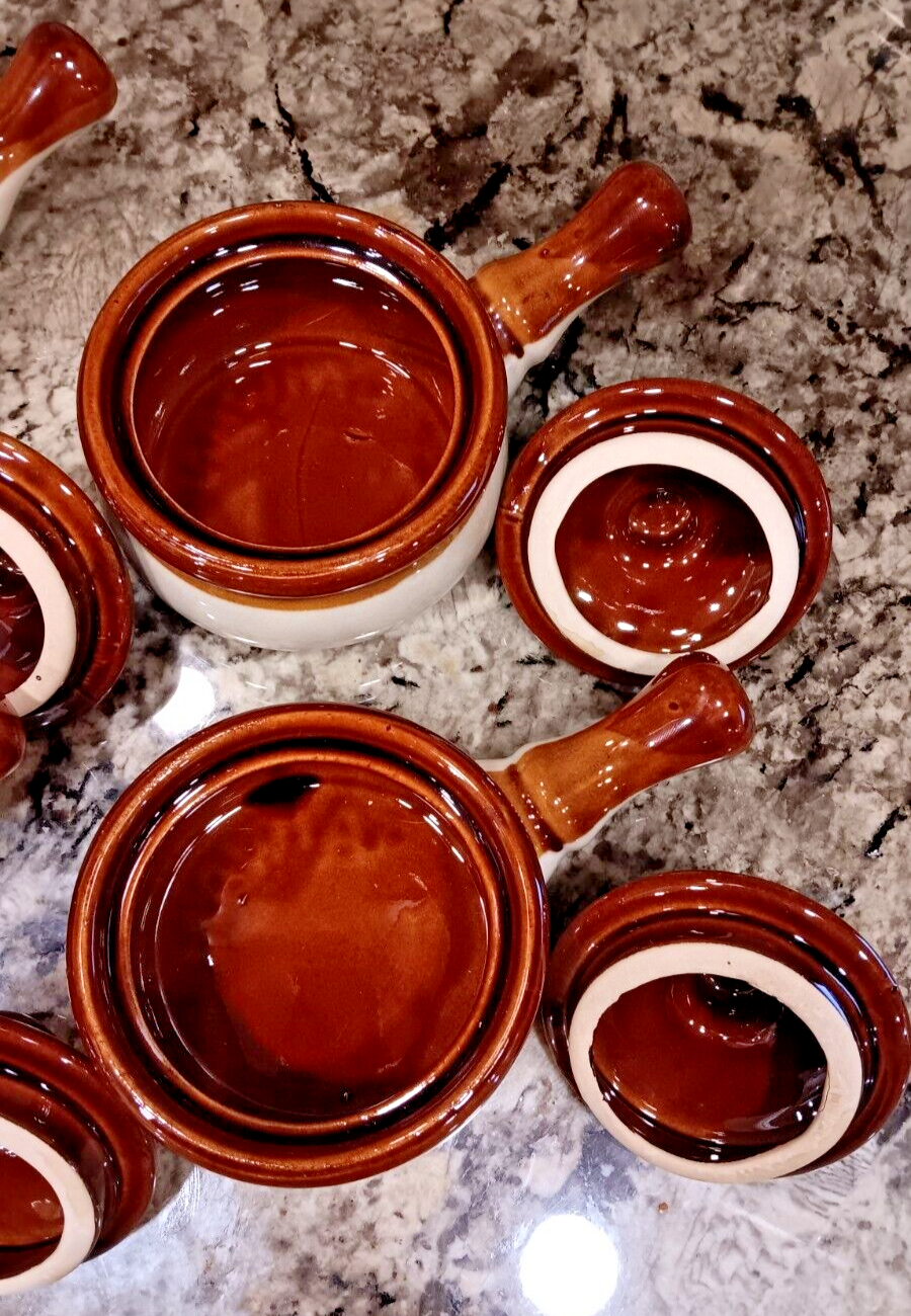 Vintage Set Of 4 Ceramic Onion Soup Bowls With Lids And Handle, Made In Taiwan