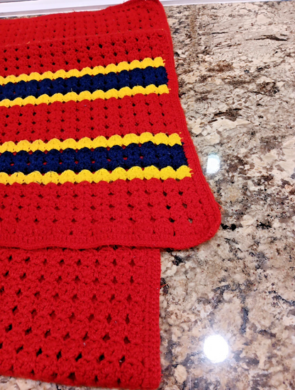 Vintage Red Blue Yellow Handmade Open Knit Crochet Afghan Throw Blanket 42 x 62
