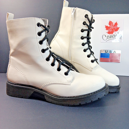 Size 7 Women's Time & TRU Lug Combat Boot, White, Lace + Zip Up Punk Goth CN