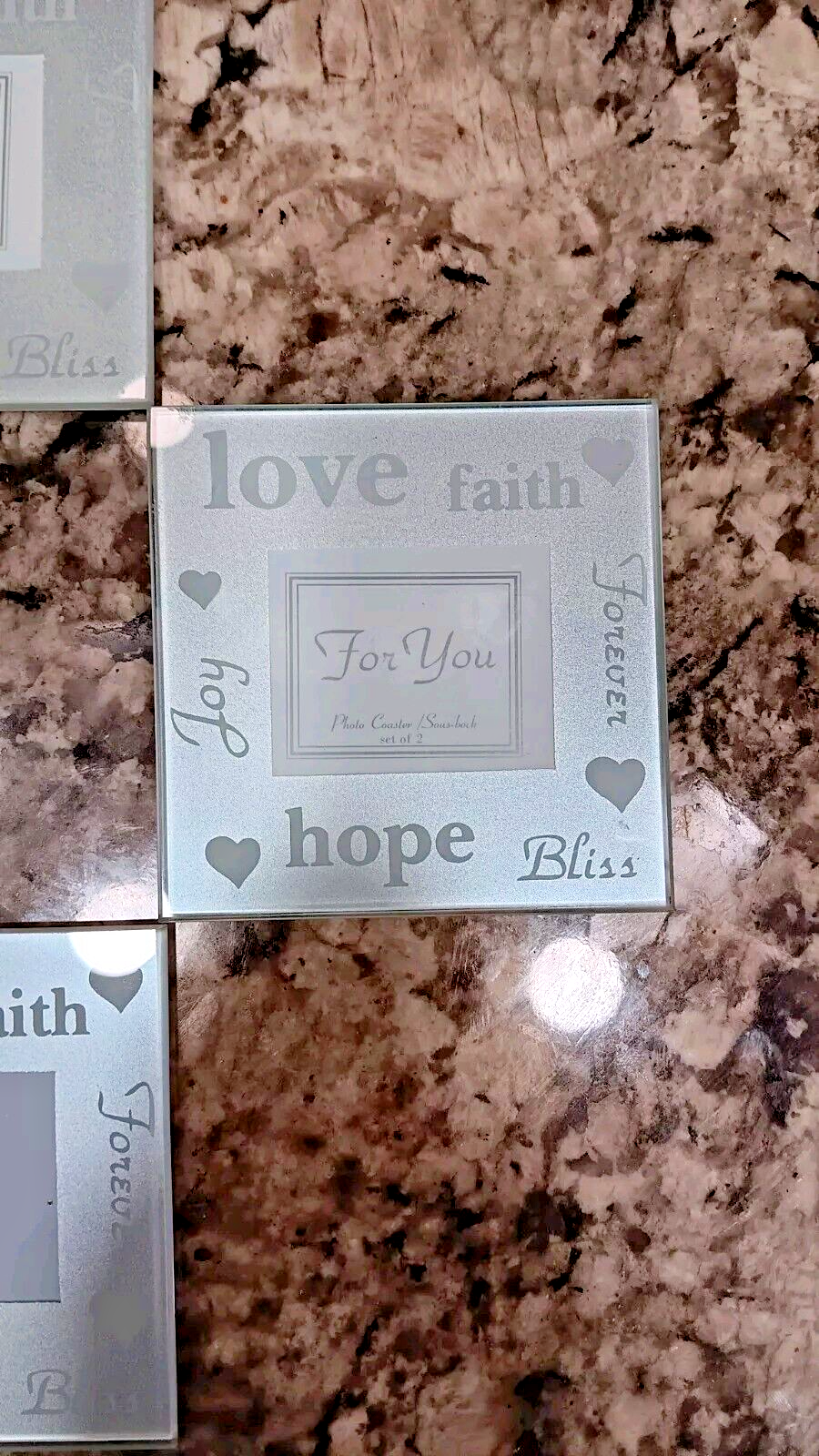 4 Glass Coasters-Room For a Picture in Each Frame. Says Love Hope Faith Bliss