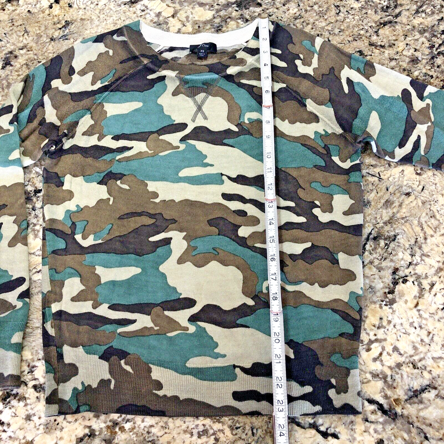 Size XS J. Crew WOOL CAMO Womens Sweater 100% Merino Light Weight Crew Neck CN