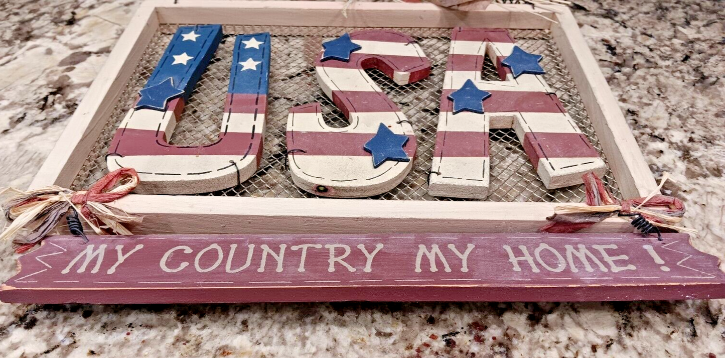 USA Folk Art Sign My Country Home Wooden Decor With Metal Spiral Hanger CN