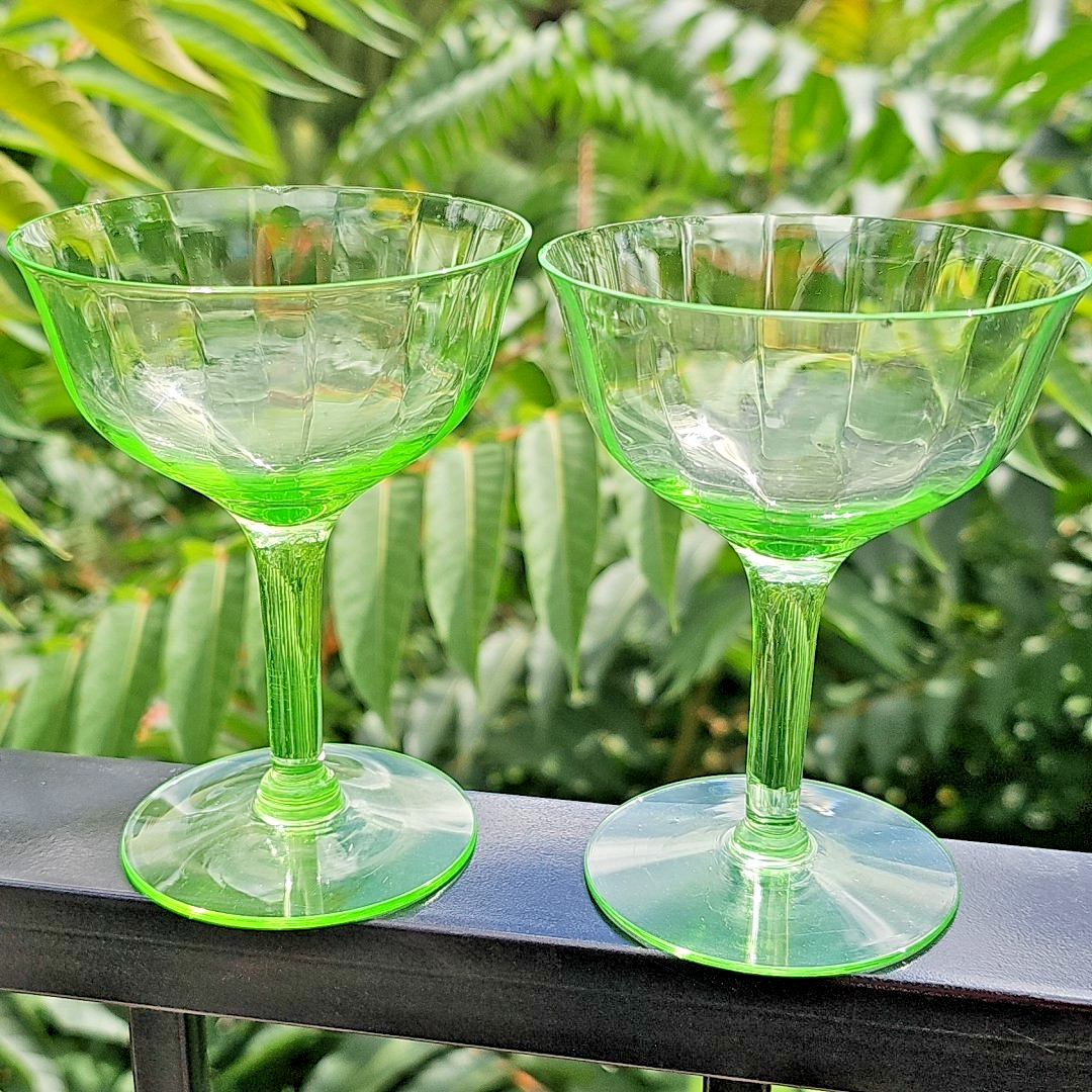 Vintage Uranium Glass Stemmed Wine Goblets  Set of 2 Glows Under 395 365