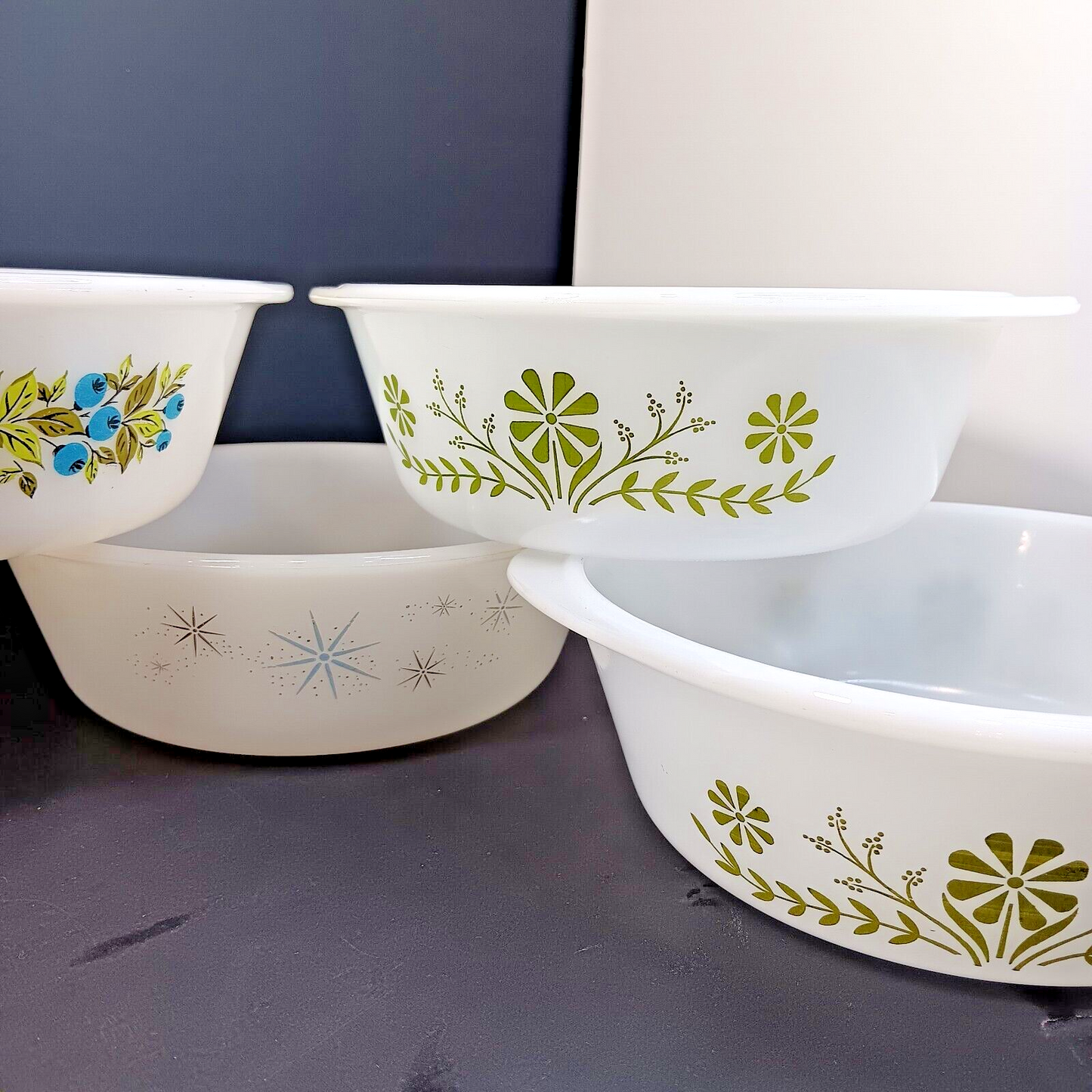 Glasbake Casserole Dishes J514, J2500 Starburst Blueberry Daisy USA 5pcs