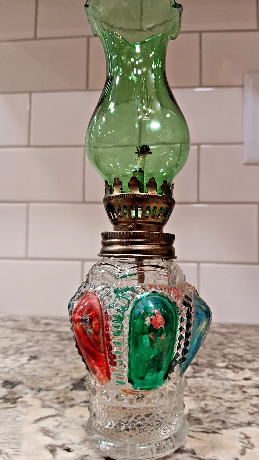 VINTAGE Miniature Green & Red Painted Glass Oil Lamp Lantern Made In Hong Kong