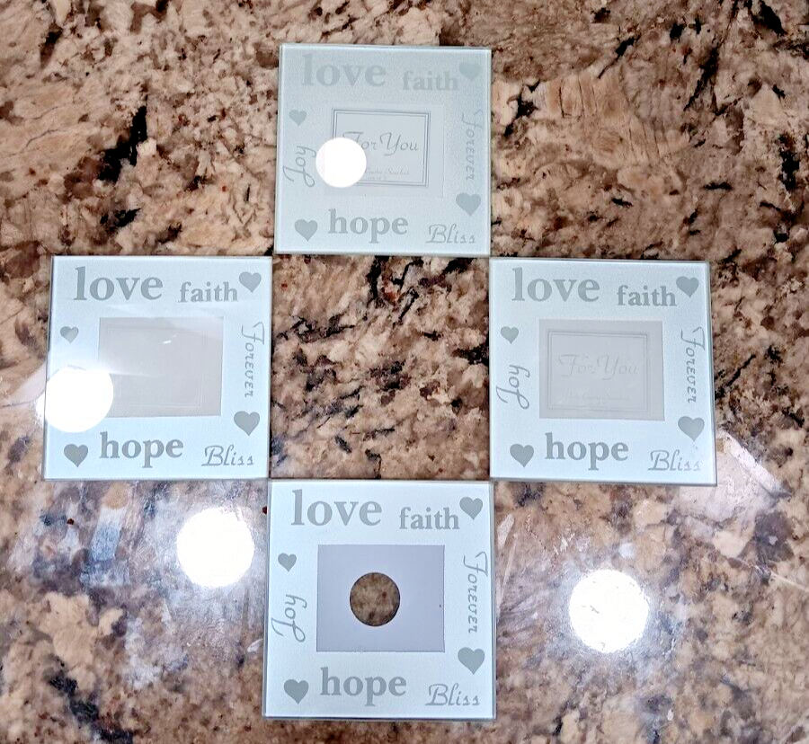 4 Glass Coasters-Room For a Picture in Each Frame. Says Love Hope Faith Bliss