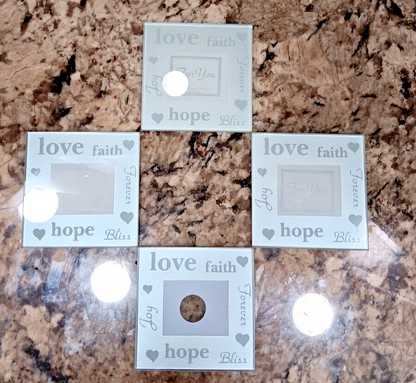 4 Glass Coasters-Room For a Picture in Each Frame. Says Love Hope Faith Bliss
