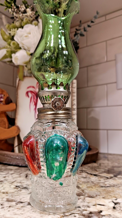 VINTAGE Miniature Green & Red Painted Glass Oil Lamp Lantern Made In Hong Kong