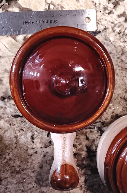 Set of 2 Vintage French Onion Soup Handled Bowls with Lids Brown Tan Good Cond X