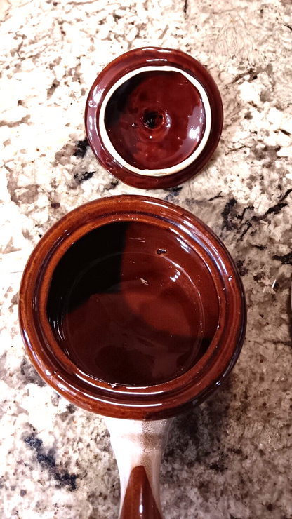 Set of 2 Vintage French Onion Soup Handled Bowls with Lids Brown Tan Good Cond X