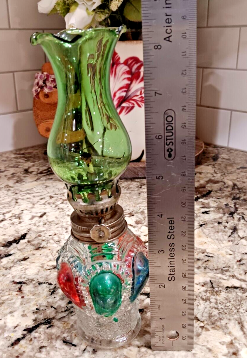 VINTAGE Miniature Green & Red Painted Glass Oil Lamp Lantern Made In Hong Kong