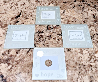 4 Glass Coasters-Room For a Picture in Each Frame. Says Love Hope Faith Bliss