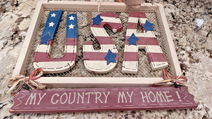 USA Folk Art Sign My Country Home Wooden Decor With Metal Spiral Hanger CN