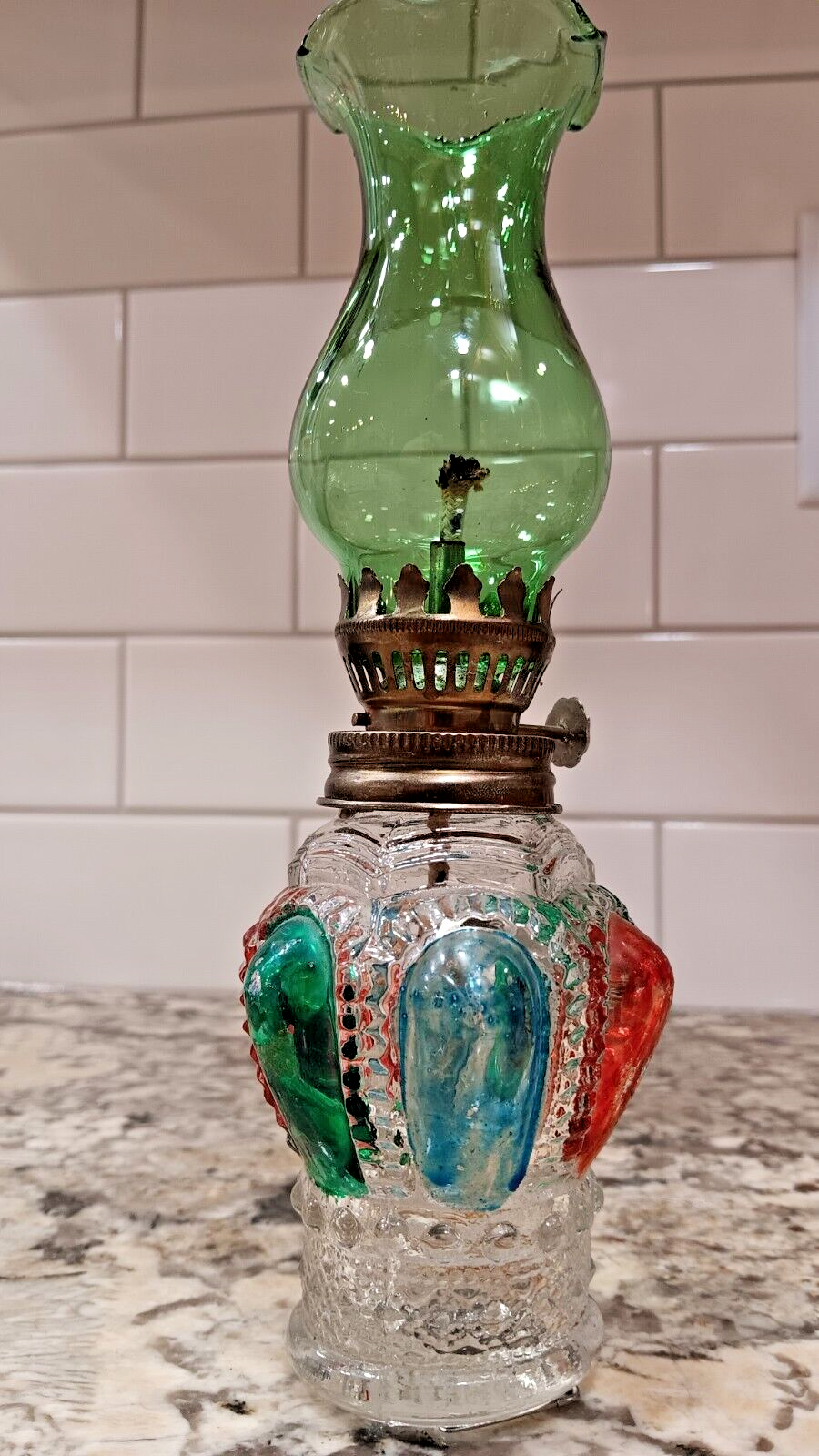VINTAGE Miniature Green & Red Painted Glass Oil Lamp Lantern Made In Hong Kong