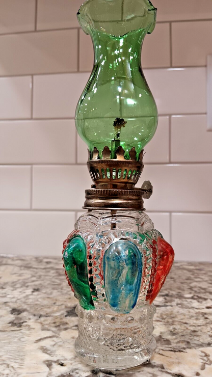 VINTAGE Miniature Green & Red Painted Glass Oil Lamp Lantern Made In Hong Kong