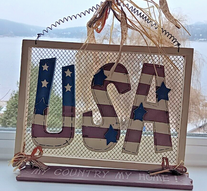 USA Folk Art Sign My Country Home Wooden Decor With Metal Spiral Hanger CN