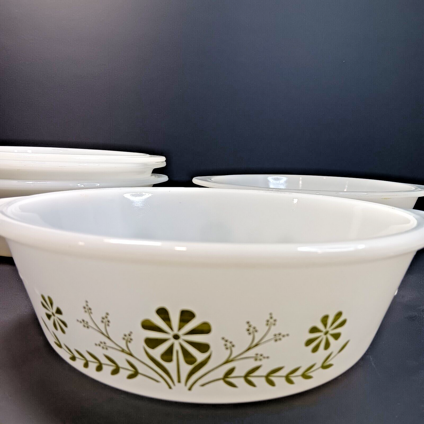 Glasbake Casserole Dishes J514, J2500 Starburst Blueberry Daisy USA 5pcs