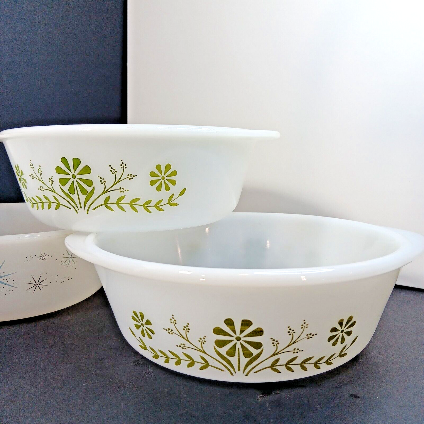 Glasbake Casserole Dishes J514, J2500 Starburst Blueberry Daisy USA 5pcs