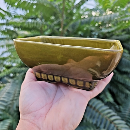 Vintage 404 6 USA Avocado Olive Green Rectangle Footed Pottery Planter