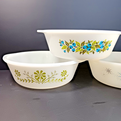 Glasbake Casserole Dishes J514, J2500 Starburst Blueberry Daisy USA 5pcs