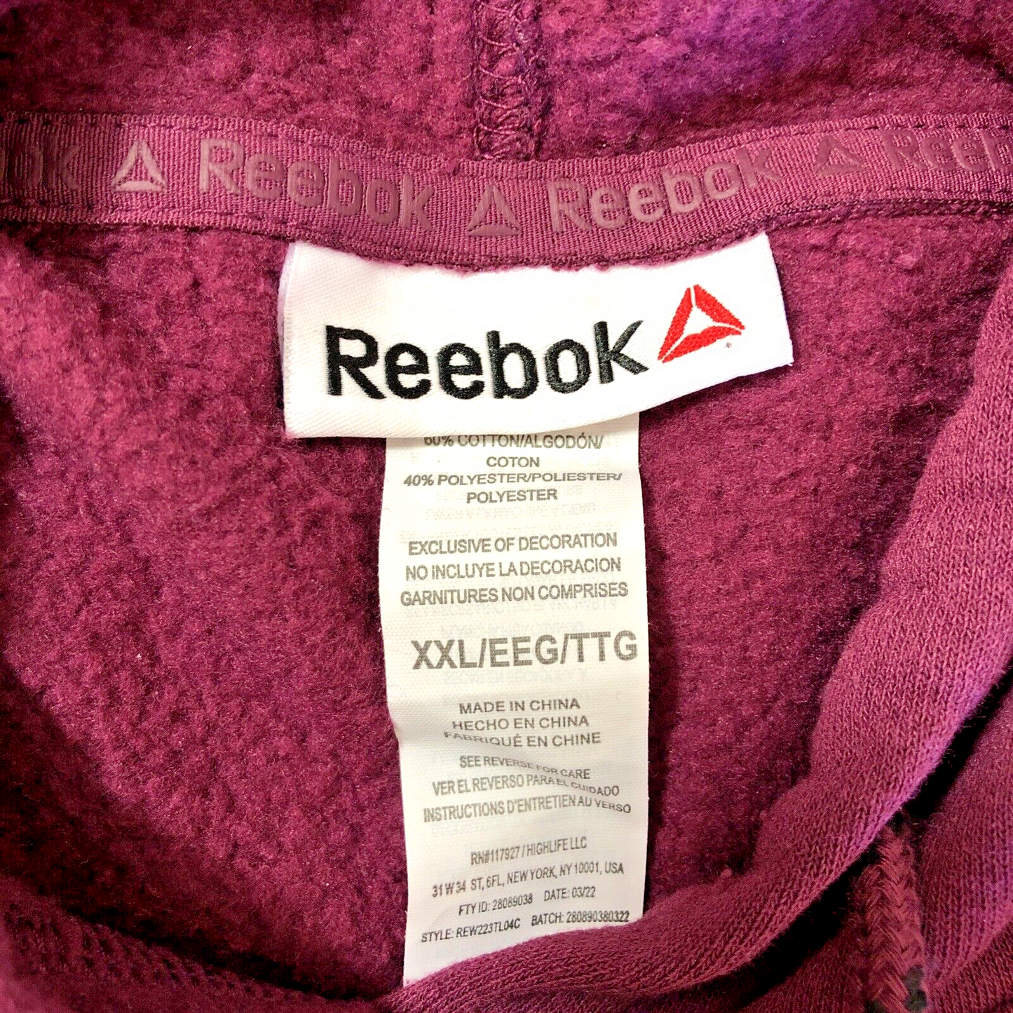 Size XXL Reebok Womens Hoodie Sweater Purple Kangaroo Pocket Zipper Pocket CN