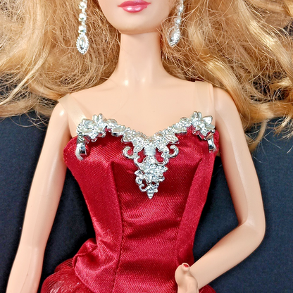 2015 HOLIDAY BARBIE Collector Blonde Doll Red Silver Dress - Mattel #CHR76 IN