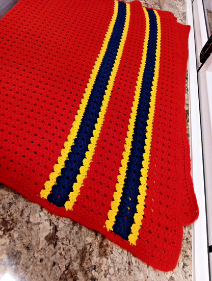 Vintage Red Blue Yellow Handmade Open Knit Crochet Afghan Throw Blanket 42 x 62