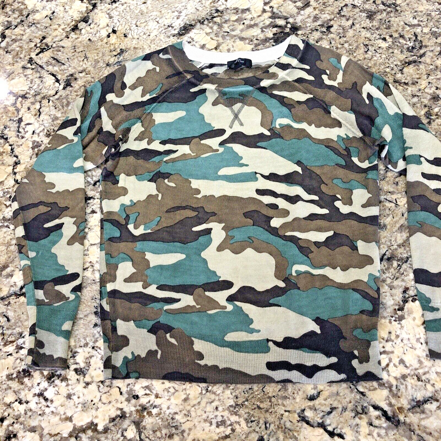 Size XS J. Crew WOOL CAMO Womens Sweater 100% Merino Light Weight Crew Neck CN