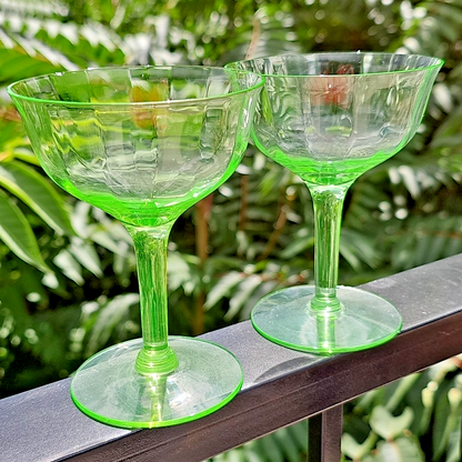 Vintage Uranium Glass Stemmed Wine Goblets  Set of 2 Glows Under 395 365