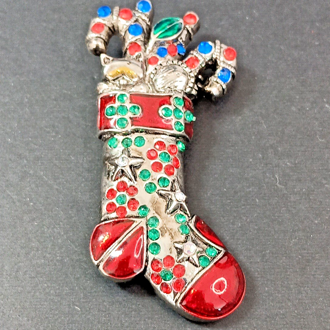 Brooch Christmas Stocking Candy Canes Design With Original Box Leaflet CN