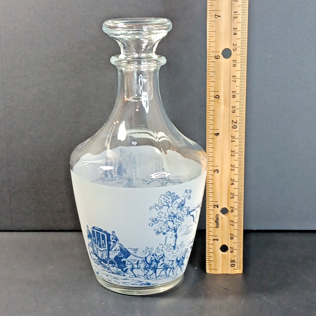 Vintage France Decanter w/ Stopper Stagecoach Boat Blue and White Frosted FRANCE